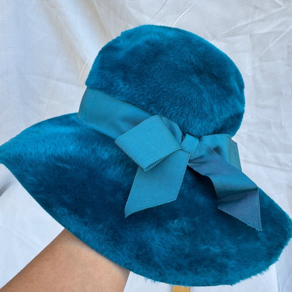 Vintage Joseph Magnin Hat 22 Teal Blue Wide Brim Bow Medium Made Italy 60s